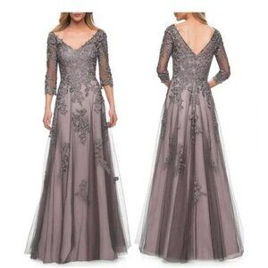 La Femme Pink And Gray Lace & Tulle A-Line Gown